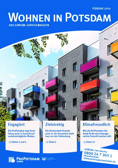 Cover des Gewoba-Servicemagazins Wohnen in Potsdam mit der grauen Hausfassaden und bunten Balkonen