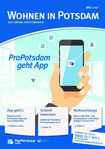 Cover des Gewoba-Servicemagazins Wohnen in Potsdam mit einer illustrierten Hand, die ein Handy hält und den Worten ProPotsdam geht App