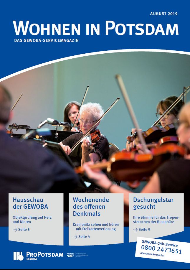 Cover des Gewoba-Servicemagazins Wohnen in Potsdam mit einem Bildausschnitt eines Orchesters, im Mittelpunkt ist eine Violinistin zu sehen