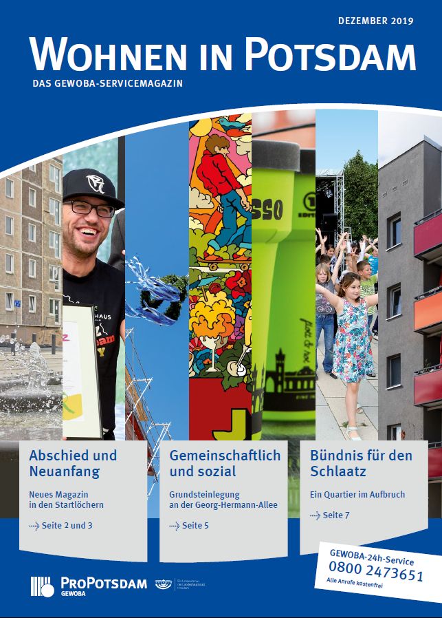 Magazincover mit Multipicture bestehend aus 7 schmalen Bildsäulen die Einblick geben auf einen Plattenbau, einen Mann mit Basecap, einer Richtfestkrone, einem Graffiti, einem Plastikbecher, tanzenden Kindern und den bunten Balkonen eines Plattenbaus.