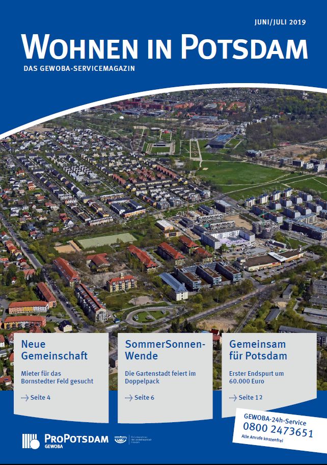 Cover des Gewoba-Servicemagazins Wohnen in Potsdam mit einer Luftaufnahme des Bornstedter Feldes