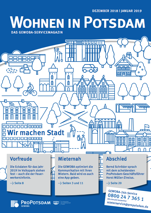 Cover des Gewoba-Mietermagazins Wohnen in Potsdam mit blau weißen Grafiken, die markante Potsdamer Gebäude darstellen