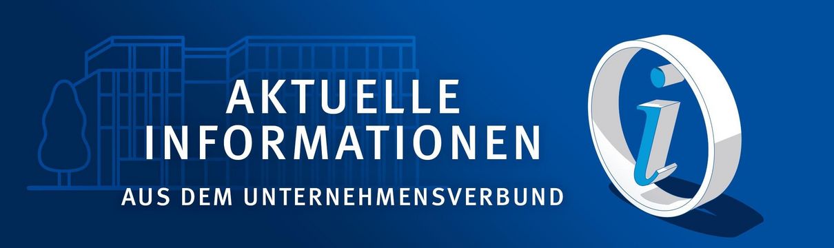 Blauer Hintergrund mit einem großen Ausrufezeichen und der Aufschrift Aktuelle Informationen aus dem Unternehmensverbund