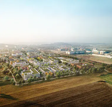 Rendering Technology Campus Visualisierung der geplanten Bebauung des Technolgy Campus in Golm aus der Luftperspektive