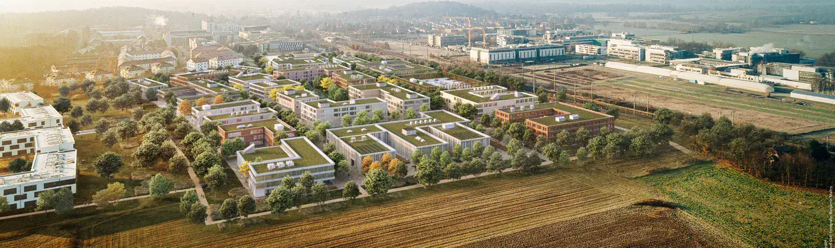 Rendering Technology Campus Visualisierung der geplanten Bebauung des Technolgy Campus in Golm aus der Luftperspektive