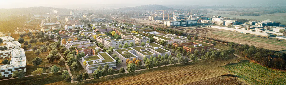 Visualisierung der geplanten Bebauung des Technolgy Campus in Golm aus der Luftperspektive