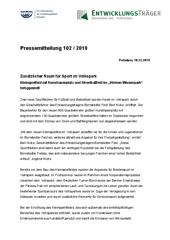 Pressemitteilung: Zusätzlicher Raum für Sport im Volkspark