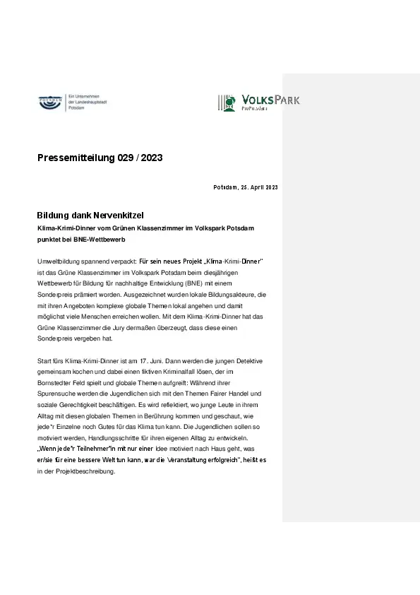 029/2023 Volkspark Potsdam Pressemitteilung 029/2023 Volkspark Potsdam Pressemitteilung