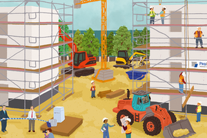 Bunte Illustration einer ProPotsdam-Baustelle mit dem Text: Eure ProPotsdam baut aktuell 615 Wohnungen im sozialen und nachhaltigem Wohnungsbau.