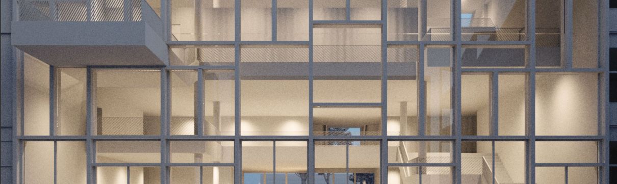 Visualisierung Die Grafik aus dem Computer zeigt ein Gebäude mit einer großen, von innen beleuchteten Glasfront.