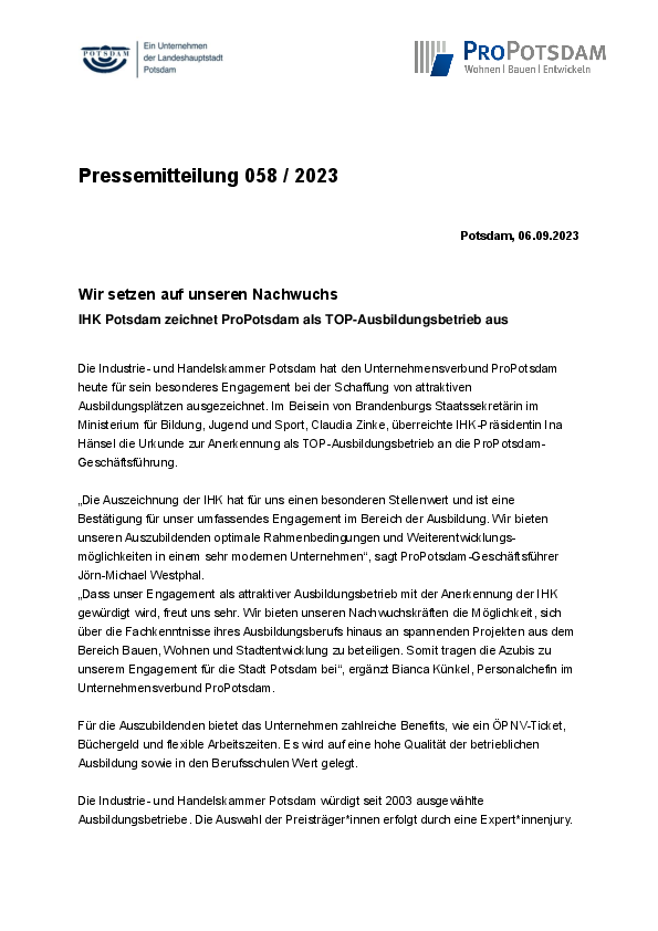 058/2023 ProPotsdam GmbH Pressemitteilung