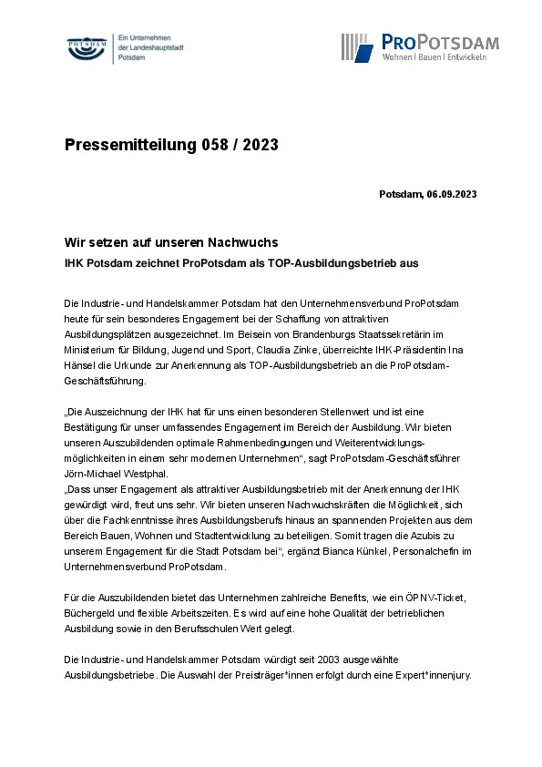 058/2023 ProPotsdam GmbH Pressemitteilung 058/2023 ProPotsdam GmbH Pressemitteilung