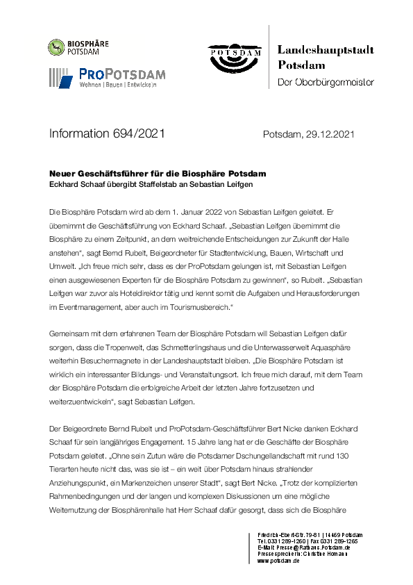 Pressemitteilung der Landeshauptstadt Potsdam