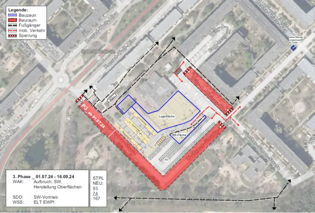 Lageplan mit roten Markierung der Straßensperrung und Baumaßnahmen.