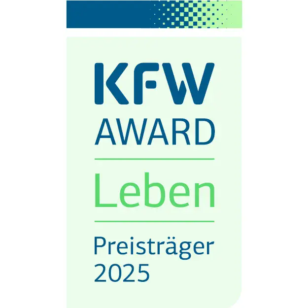 Logo des KfW Award Leben 2025 in Blau und Grün mit der Aufschrift ‚KfW Award Leben – Preisträger 2025