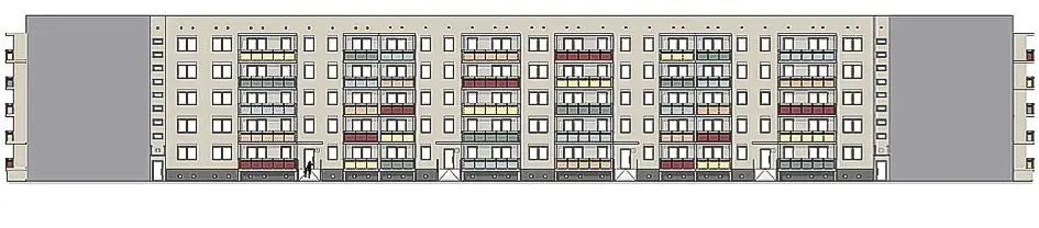 Visualisierung Q12 Hofansicht, Architekten: Venino & Partner Visualisierung der Rückseite eines Gebäudes mit fünf Stockwerken.
