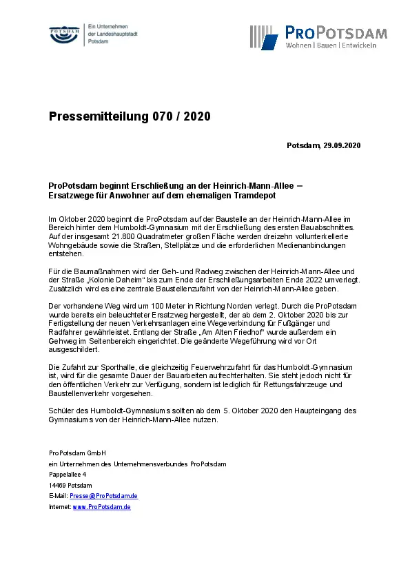 Pressemitteilung ProPotsdam GmbH Pressemitteilung ProPotsdam GmbH