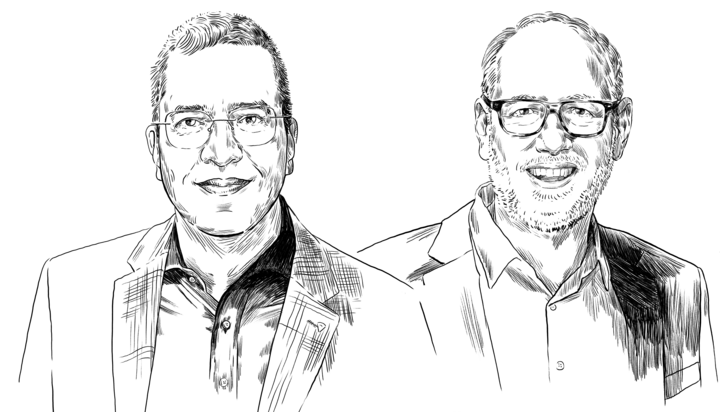 Ein gezeichnetes Portrait der beiden ProPotsdam-Geschäftsführer Jörn-Michael Westphal und Bert Nicke.