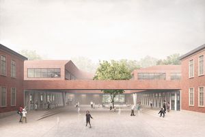 Visualisierung eines architektonischen Gebäudeentwurfs. Im Vordergrund spielen Kinder.