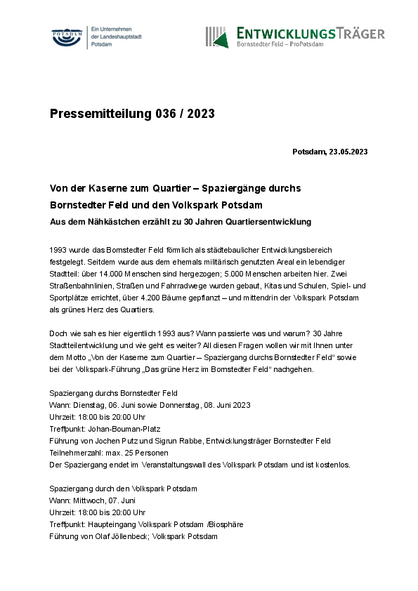 036/2023 Entwicklungsträger Bornstedter Feld Pressemitteilung