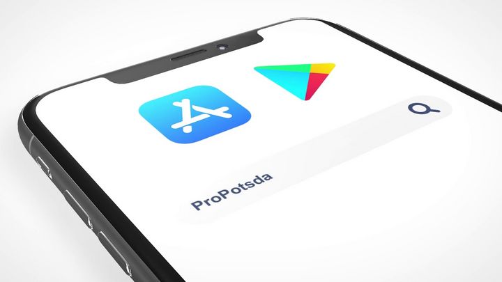 Angeschnittener, weißer Bildschirm eines Smartphones, auf dem die Logos des Appstores und des Googleplay-Stores abgebildet sind. Darunter befindet sich eine Suchleiste, in der die Buchstaben: ProPotda eingegeben wurden.