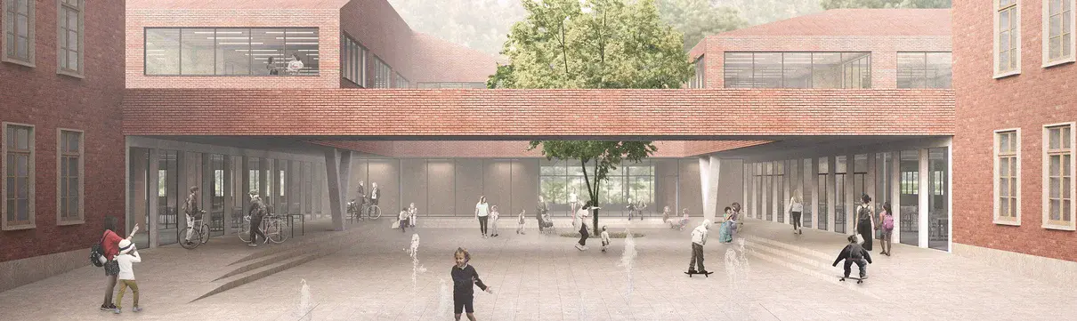 Krampnitz Schule Aussenansicht Die Computergrafik zeigt den Entwurf eines Gebäudes für eine Grunschule in Krampnitz.