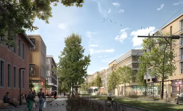 Rendering Verkehr, Geschäfte, Wohnen und Leben im zukünftigen Stadtteil