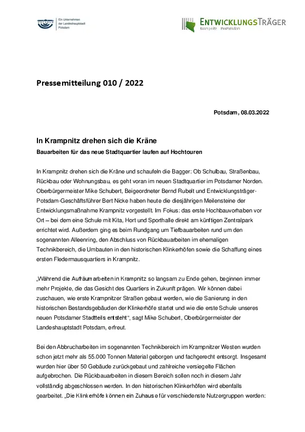 In Krampnitz drehen sich die Kräne In Krampnitz drehen sich die Kräne
