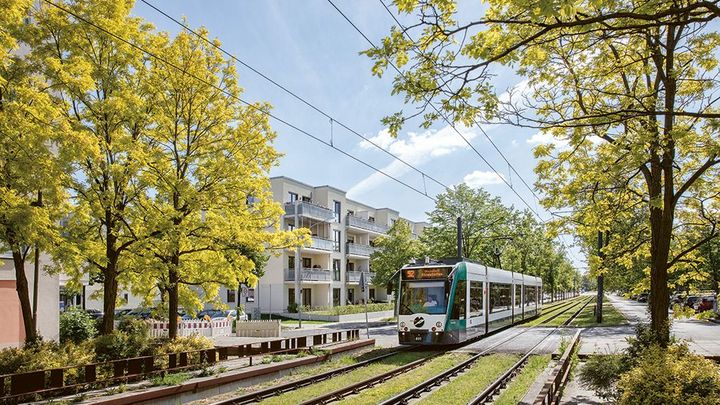 Tram fährt durch Wohnviertel mit Bäumen, Häusern