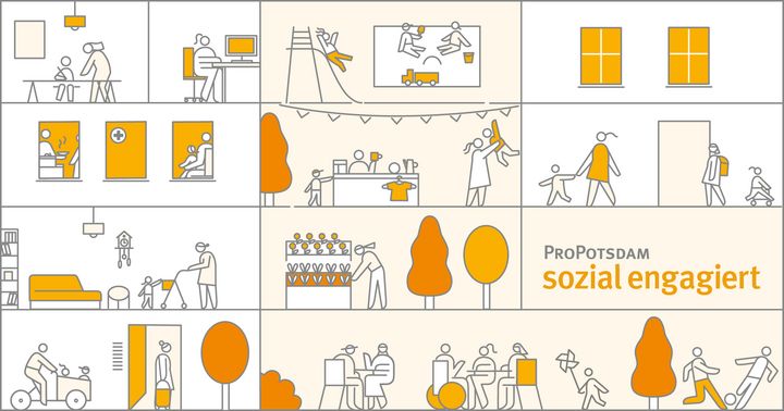 Illustrative Grafik zeigt mit schwarzer Outline, gelb und orange gefüllt, die Vielfältigkeit des sozialen Engagements in Piktogrammen
