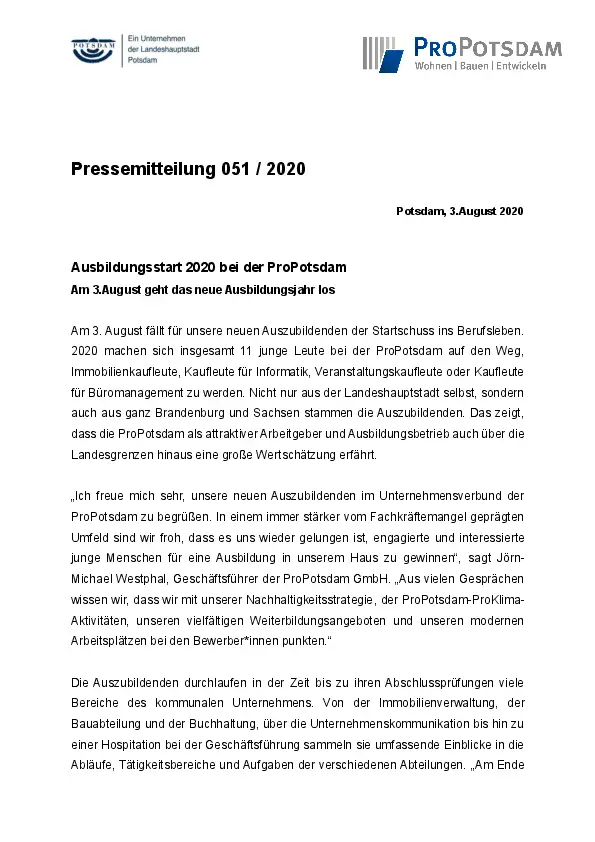 Pressemitteilung Ausbildungsstart 2020 bei der ProPotsdam Pressemitteilung Ausbildungsstart 2020 bei der ProPotsdam