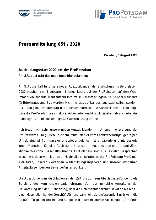 Pressemitteilung Ausbildungsstart 2020 bei der ProPotsdam