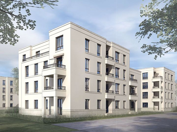 Die Visualisierung des Baufeldes WA 1.2 zeigt vieretagige Wohnblöcke mit heller Fassade und Balkonen an einer Straße