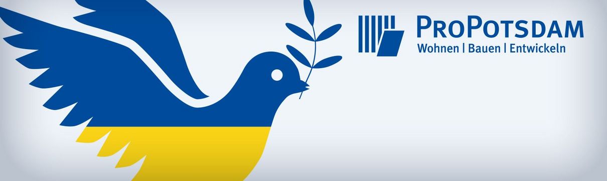 grafische Friedenstaube in den Farben Blau und Gelb und das Logo der ProPotsdam