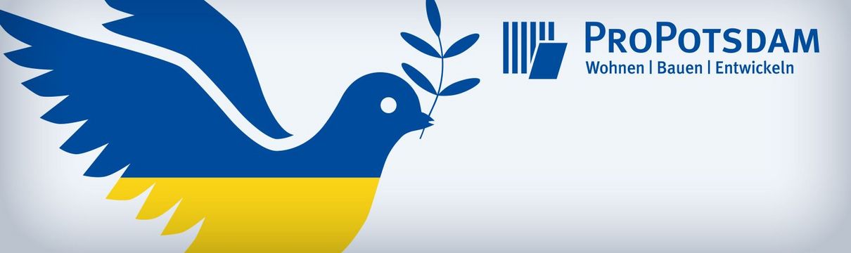 grafische Friedenstaube in den Farben Blau und Gelb und das Logo der ProPotsdam
