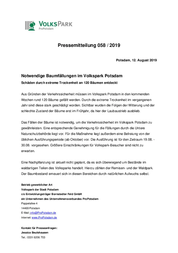 Pressemitteilung: Notwendige Baumfällungen im Volkspark Potsdam Pressemitteilung: Notwendige Baumfällungen im Volkspark Potsdam