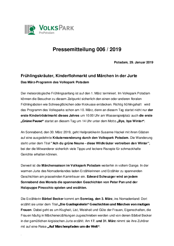 Das Programm des Volkspark Potsdam im März