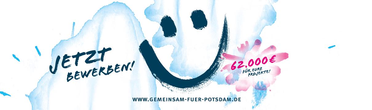 Keyvisual des Wettbewerbs 2021, graue Buchstaben "FÜR" auf weißblauem Hintergrund mit pinkem Störer der Gesamstsumme
