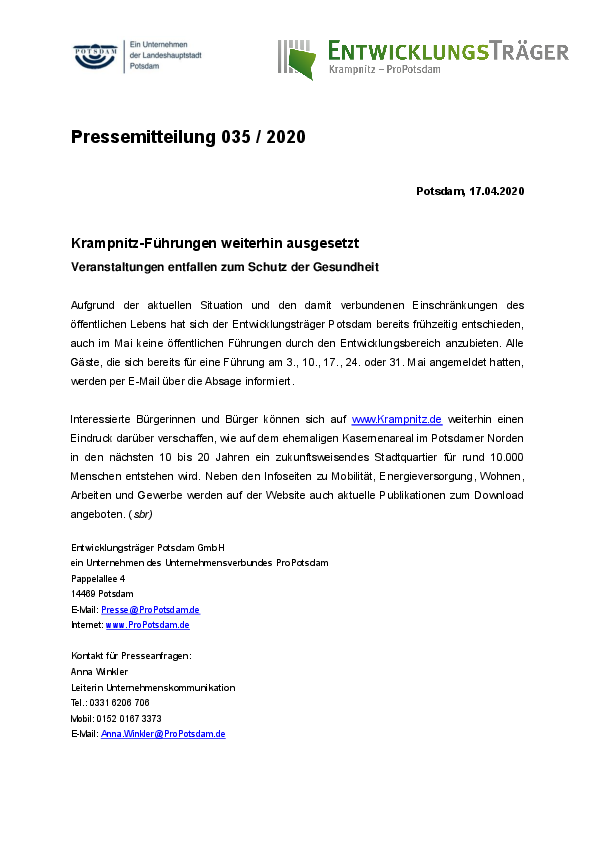 Pressemitteilung Entwicklungsträger Potsdam