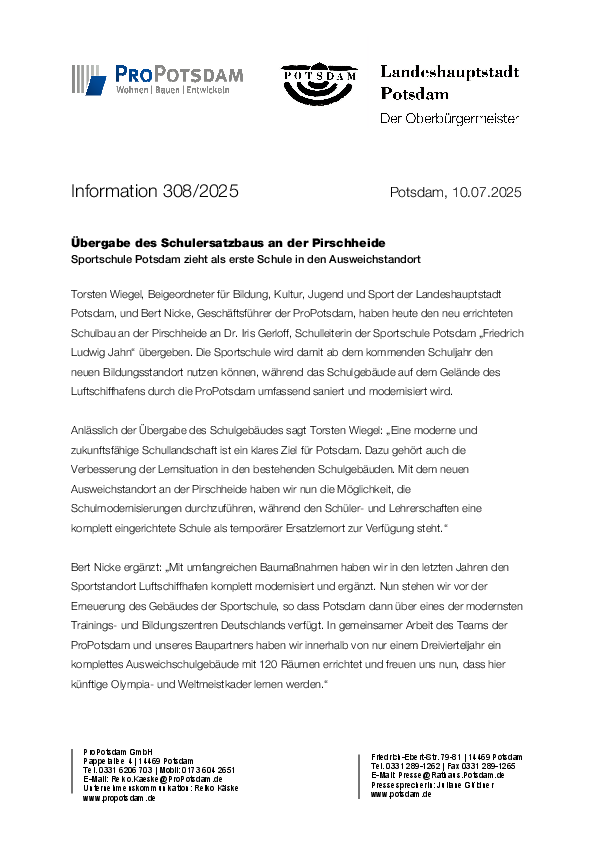 ProPotsdam und Landeshauptstadt Potsdam