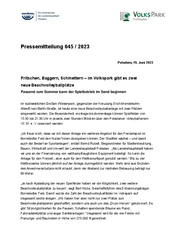 045/2023 Volkspark Potsdam Pressemitteilung 045/2023 Volkspark Potsdam Pressemitteilung
