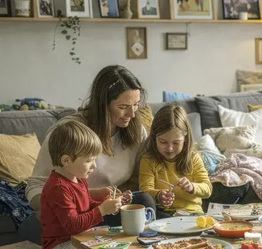 ein fünfköpfige Familie sitzt zusammen am Wohnzimmertisch und isst, spielt und bastelt zusammen