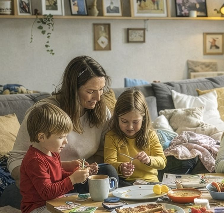 ein fünfköpfige Familie sitzt zusammen am Wohnzimmertisch und isst, spielt und bastelt zusammen