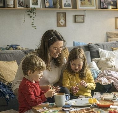 ein fünfköpfige Familie sitzt zusammen am Wohnzimmertisch und isst, spielt und bastelt zusammen