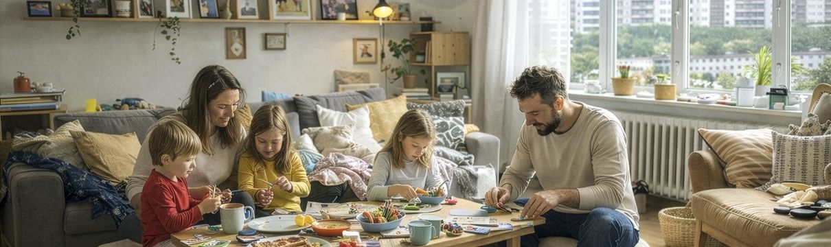 ein fünfköpfige Familie sitzt zusammen am Wohnzimmertisch und isst, spielt und bastelt zusammen