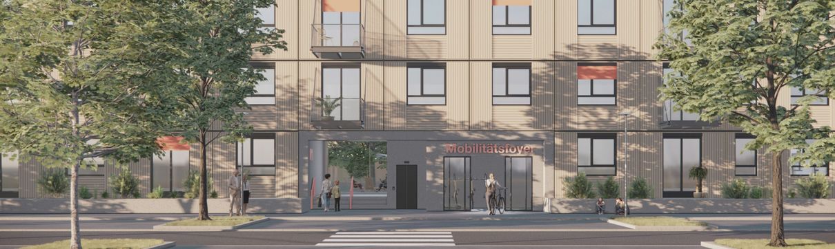 Architektenvisualisierung eines mehretagigen Wohnungsneubaus an einer begrünten Straße