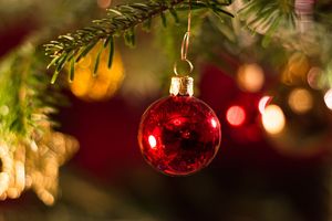 Eine rote Weihnachtskugel hängt an einem Tannenzweig.