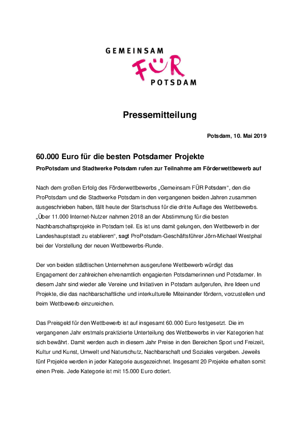 Pressemitteilung zum Start des Wettbewerbs Gemeinsam für Potsdam