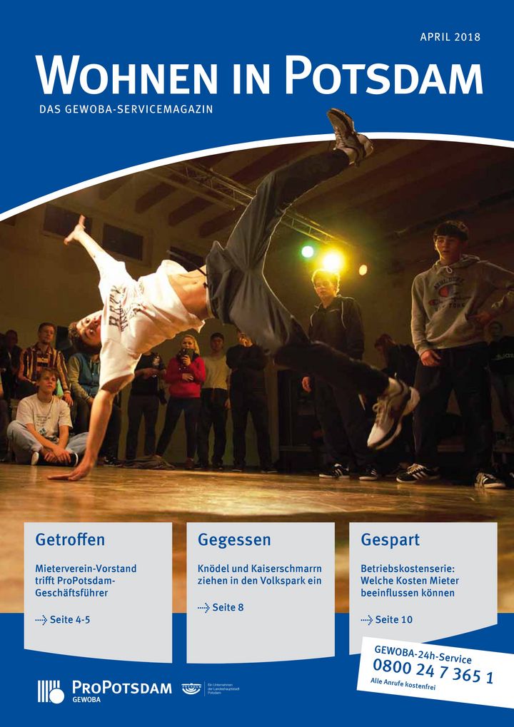 April-Cover des Gewoba-Servicemagazins Wohnen in Potsdam mit einem jungen Breackdance-Tänzer, der Jugendlichen etwas vorführt