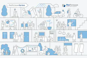 Hellblaue Grafik mit Figuren und Icons zum Thema Karriere bei der ProPotsdam